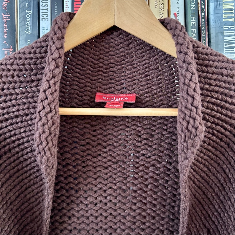Sundance Brown Merino Wool Chunky Knit Rolled Neck Sweater Cardigan size L - Picture 2 of 5